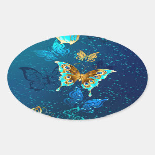 Adesivo Oval Borboletas Douradas em um Fundo Azul