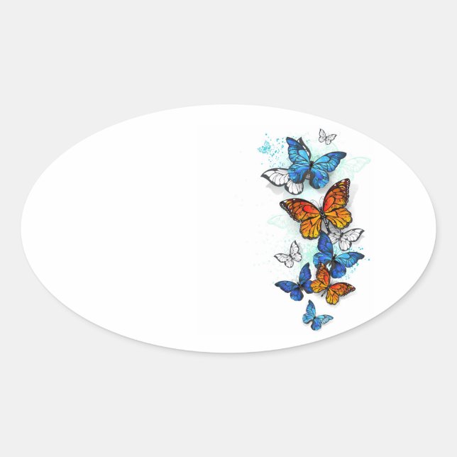 Adesivo Oval Borboletas voadoras Morpho e Monarca (Frente)