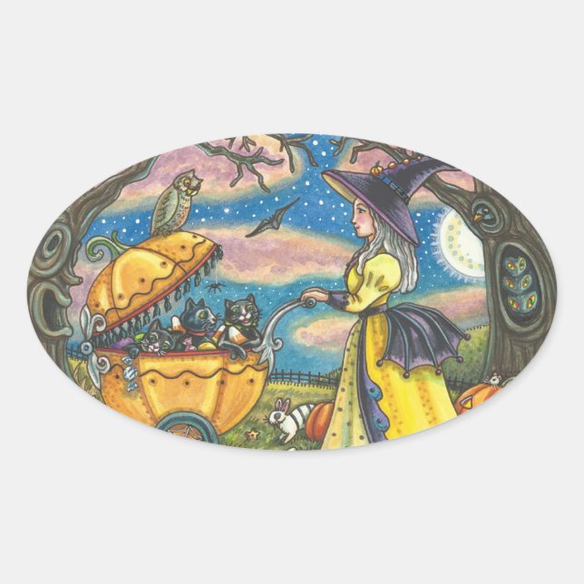 ADESIVO OVAL BRUXAS, FOLHA DE GOLAS DE GOLPE DE GATO PRETO (Frente)