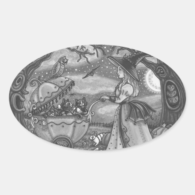 Adesivo Oval BRUXAS, PEGUINTES DE GATO NEGRO Oval (Frente)