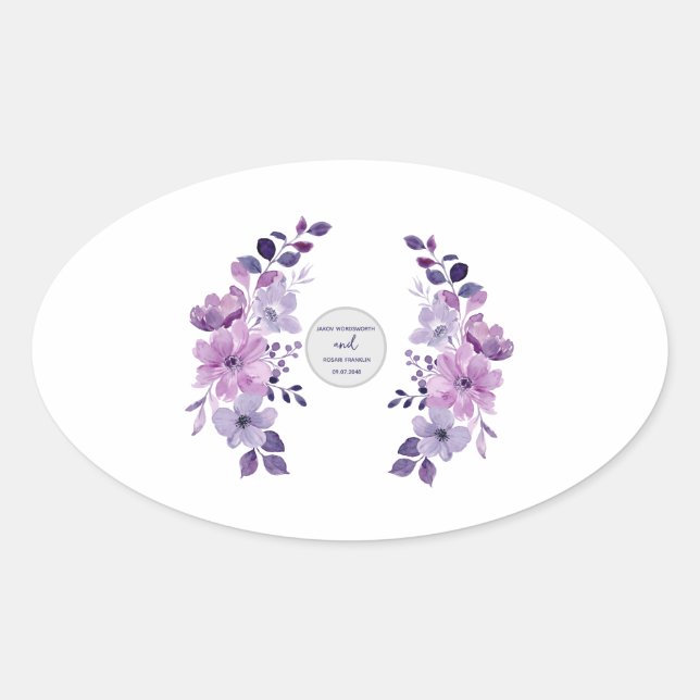 Adesivo Oval Buquê de flores roxas aquarela (Frente)