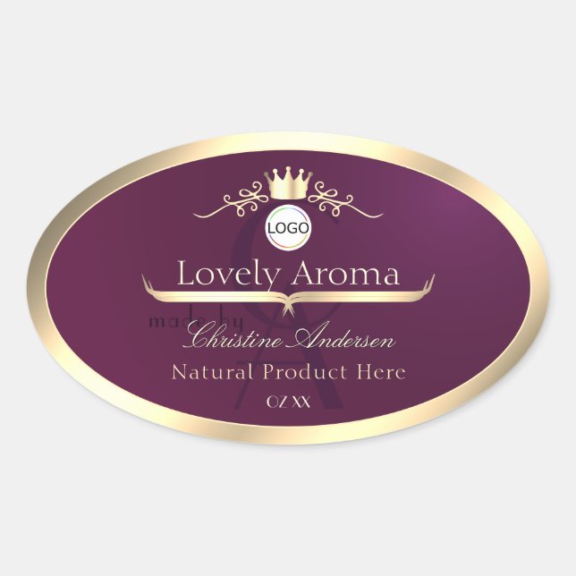 Adesivo Oval Burgundy Product Label Gold Border Logo Monogram (Frente)