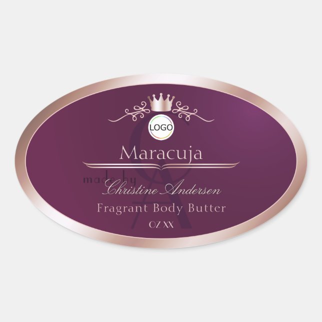 Adesivo Oval Burgundy Product Label Rose Gold Frame Monogram (Frente)
