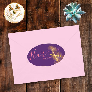 Adesivo Oval Cabeleireiro Roxo Elegante Tesoura Dourada Salão d