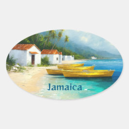 Adesivo Oval Cabines de pesca jamaicanas na costa marítima