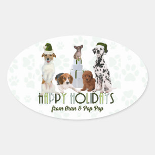Adesivo Oval Cães dos feriados do verde do Natal do bloco