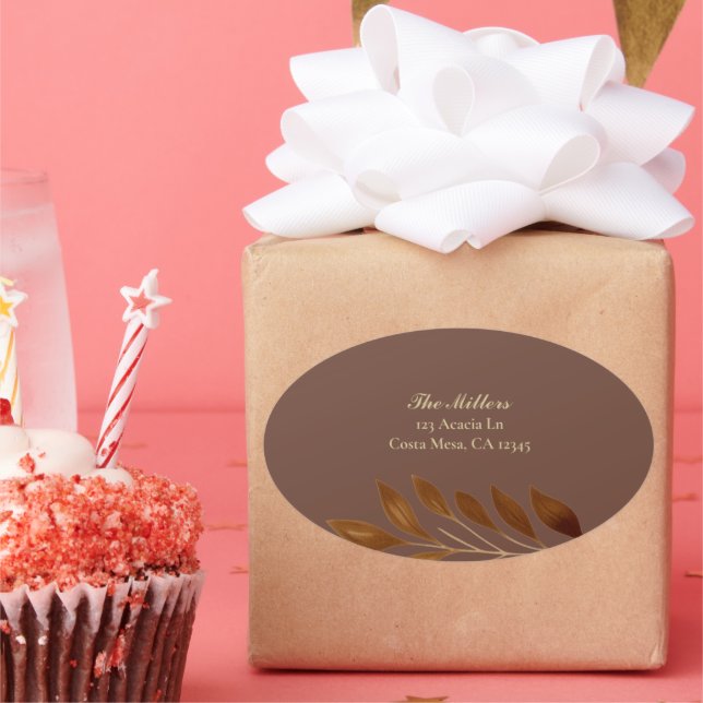 Adesivo Oval Café Castanho e Dourado Endereço de Regresso de Fo (Festa)