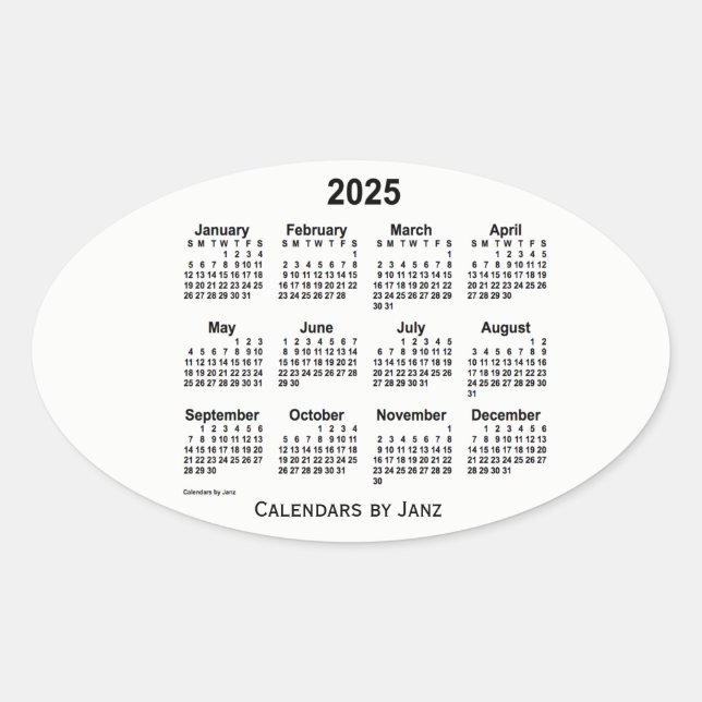 Adesivo Oval Calendário preto e branco 2025 por Janz Oval Stick (Frente)