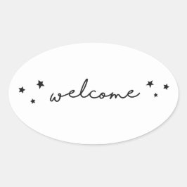 Adesivo Oval Caligrafia de boas-vindas preta e branca. Simples 
