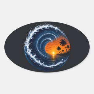 Adesivo Oval Camisa Logo de Surf do Pôr do Sol da Onda Tropical