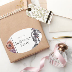 Adesivo Oval Cartão de Aniversário de Halloween Floral Assustad
