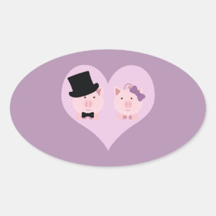 Adesivo Oval Casal bonito do porco