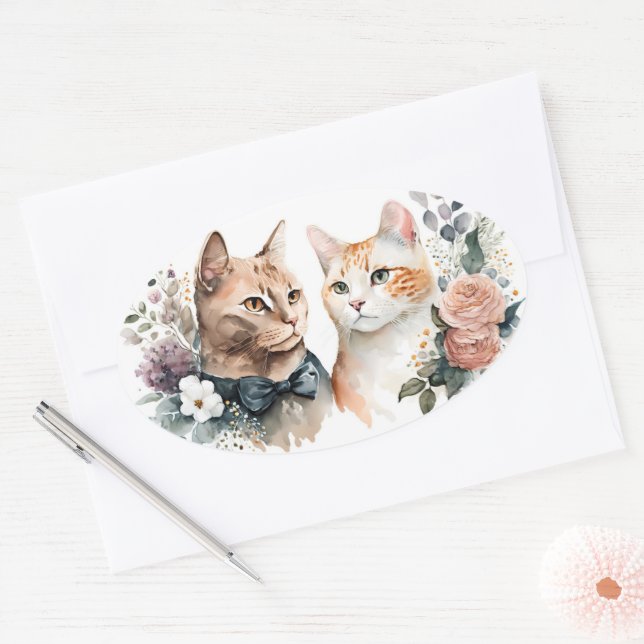 Adesivo Oval Casal De Gato De Aquarela Em Branco (Envelope)
