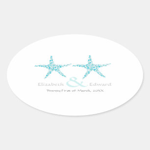 Adesivo Oval Casamento Azul Aqua Starfish Praia Salve a Data