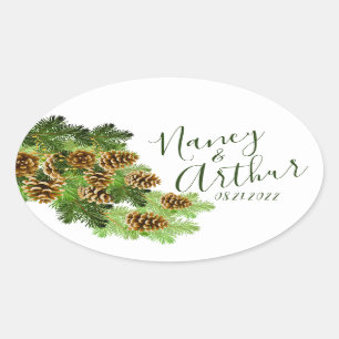 Adesivo Oval Casamento de Pine Tree e Pine Cones