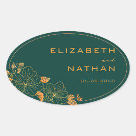 Adesivo Oval Casamento Dourado Floral  Emerald Green - Retro Mo
