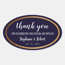 Adesivo Oval Casamento Elegante Azul Moderno e Dourado Faux