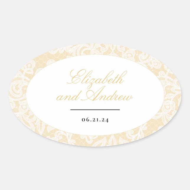 Adesivo Oval Casamento Elegante de Lace Negro e Dourado (Frente)