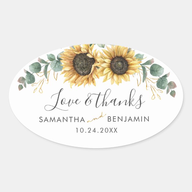 Adesivo Oval Casamento Eucalyptus Floral Sunflower Obrigado (Frente)