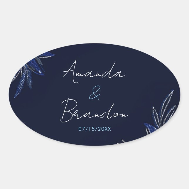 Adesivo Oval Casamento Floral Azul Chic Silver e Marinho (Frente)