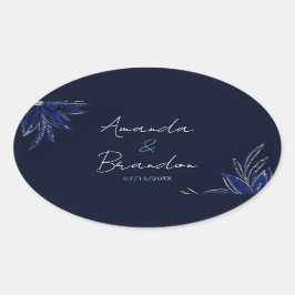 Adesivo Oval Casamento Floral Azul Chic Silver e Marinho