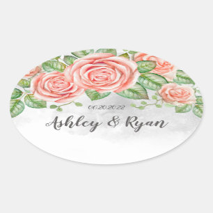 Adesivo Oval Casamento Floral Cor-de-Rosa Esbranquiçada