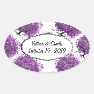 Adesivo Oval Casamento Floresta Árvore Folha Coração Roxo