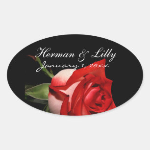 Adesivo Oval Casamento personalizado do rosa vermelho e branco