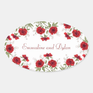 Adesivo Oval Casamento Romântico com Rosa Vermelha