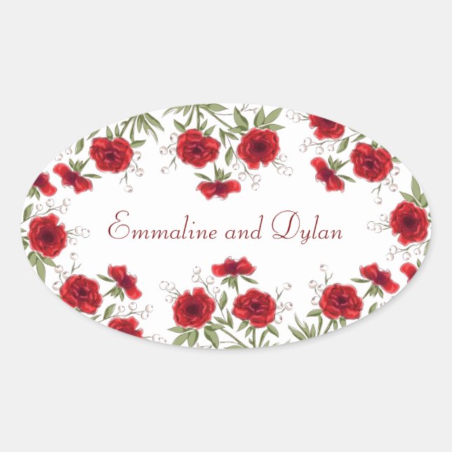 Adesivo Oval Casamento Romântico com Rosa Vermelha (Frente)