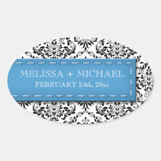 Adesivo Oval Casamento tema damasco com Título Azul Vinhetas de