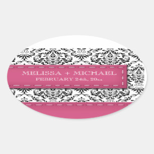 Adesivo Oval Casamento tema damasco de cor rosa com um título