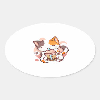Adesivo Oval Cat Boba Tea Bubble Tea Anime Kawaii Neko para Gar
