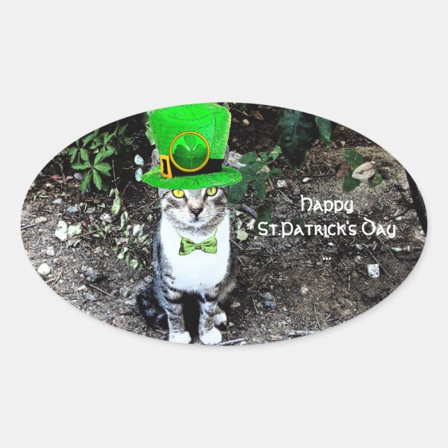 Adesivo Oval CAT Dia de São Patrício COM LEPRECHAUN HAT (Frente)