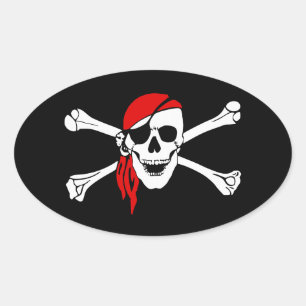 Adesivo Oval Caveira Pirata e Crossbones com Bandana Vermelha