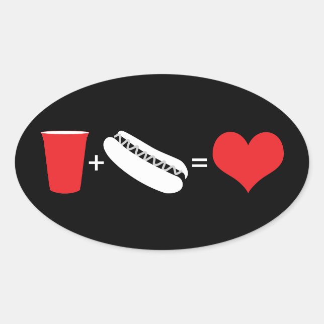 Adesivo Oval cerveja + cachorros-quentes = amor (Frente)