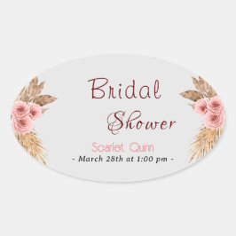 Adesivo Oval Chá de bebê moderno boêmio rosa bege buquê de rosa