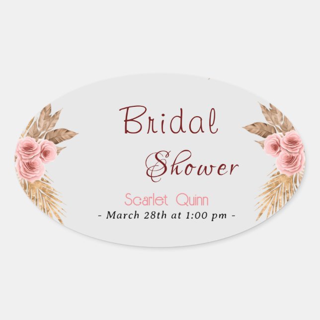 Adesivo Oval Chá de bebê moderno boêmio rosa bege buquê de rosa (Frente)