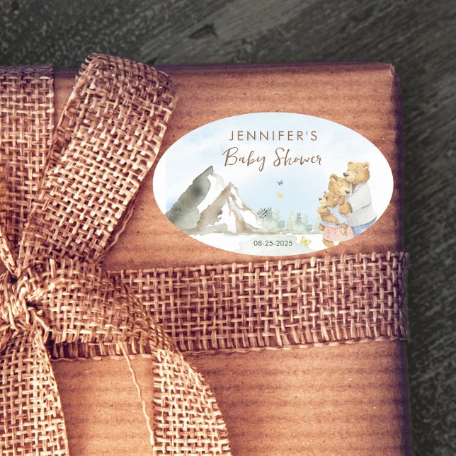 Adesivo Oval Charming Blue Mountain Watercolor Bear Family Baby (Criador carregado)