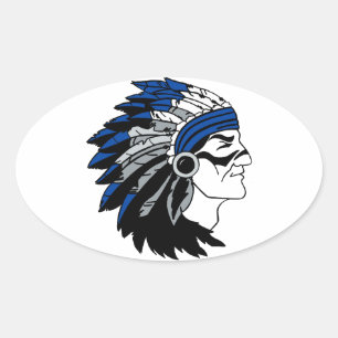 Adesivo Oval Chefe do nativo americano com Headress vermelho