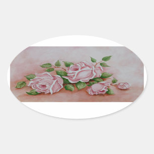 Adesivo Oval Chiques de Rosa de flores de rosa-rosa com vinheta