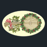ADESIVO OVAL CHRISTMAS BANJO COM MISTLETOS E HOLLY BERRIES<br><div class="desc">Elegante instrumento musical de colheita ornamental com coroa floral.</div>