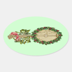 ADESIVO OVAL CHRISTMAS BANJO COM MISTLETOS E HOLLY BERRIES