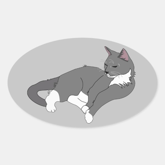 Adesivo Oval Cinza e Gato de Tuxedo Branco (Frente)