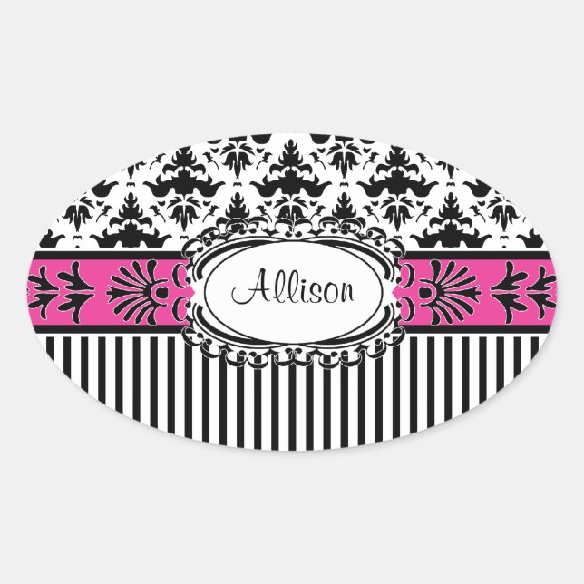 Adesivo Oval Cinza Paris Rosa e Black Damask and Stripes (Frente)