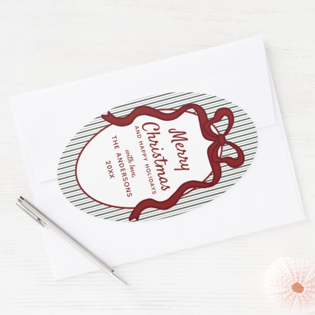 Adesivo Oval Classic Dark Green Stripes & Red Bow Christmas (Envelope)