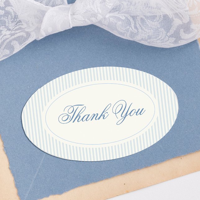 Adesivo Oval Classic Light Blue Stripes Thank You Wedding (classic light blue stripes wedding thank you stickers with elegant script)