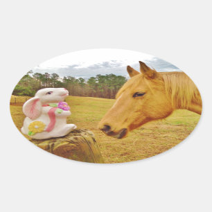 Adesivo Oval Coelho branco e cavalo amarelo