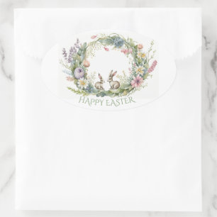 Adesivo Oval Coelhos De páscoa Numa Fraqueza Floral