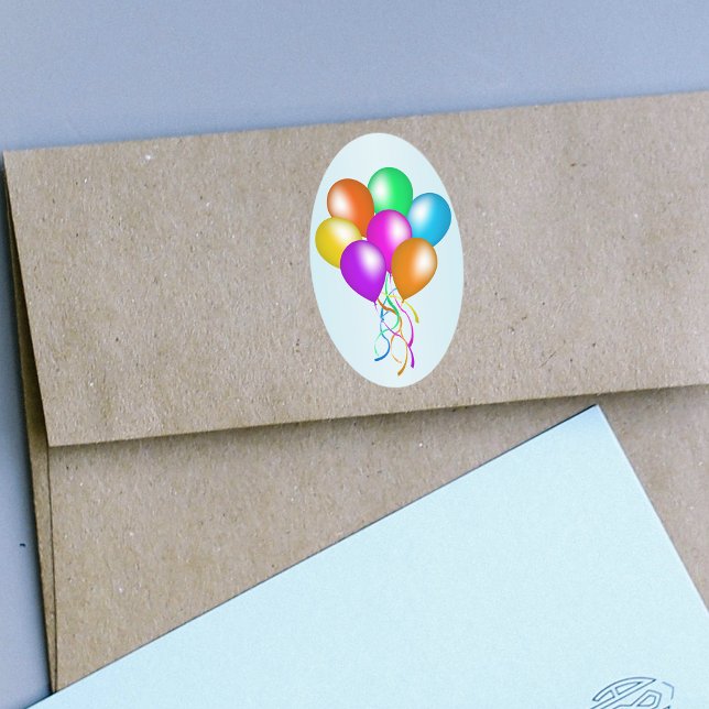Adesivo Oval Colorido Bright Bunch de Balões (Bunch brightly coloured balloons streamers on oval light blue stickers.)